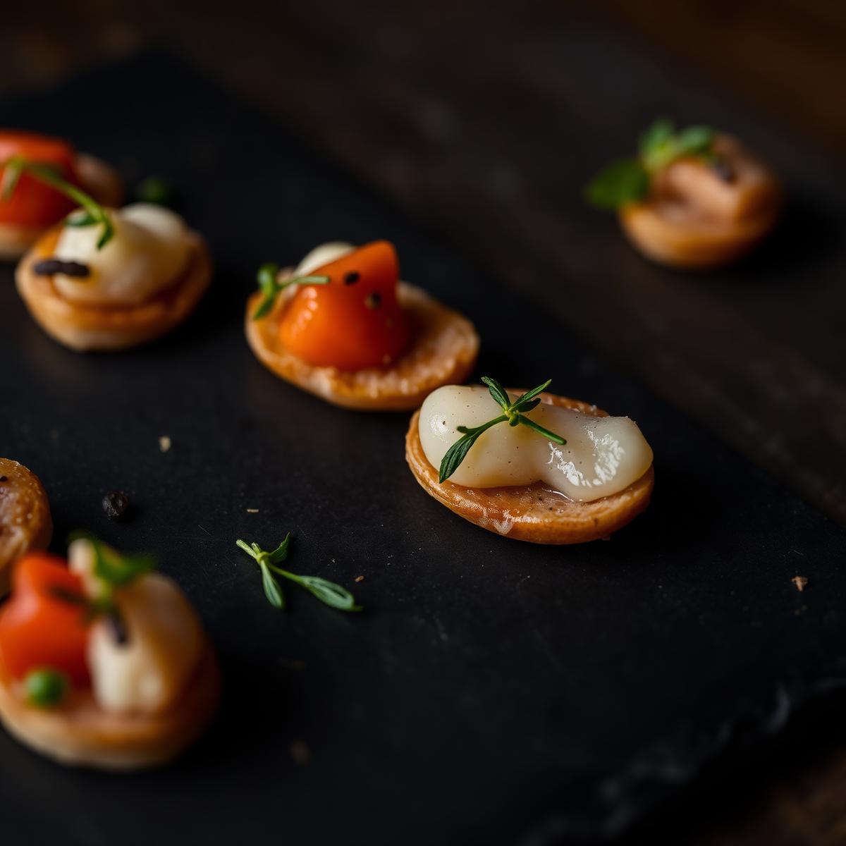 Canapés und Fingerfood auf dunkler Schieferplatte